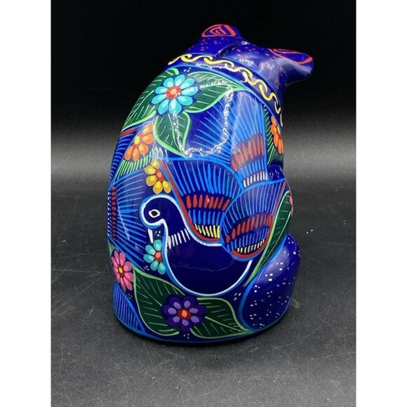 Talavera Mexican Pottery Sad Pig Piggy Bank Bright Blue Birds Folk Art Large 6” - Picture 4 of 9